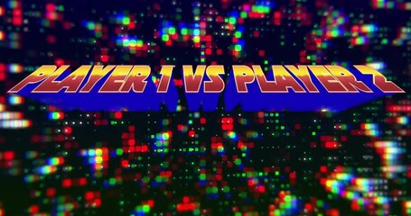 Poster - In animation, colorful pixelated background with bold Player 1 vs Player 2 text