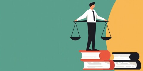 Aufkleber - A man in a suit balances scales while standing on books, symbolizing justice, knowledge, and the legal profession.