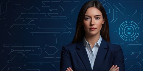 Fototapete - A confident woman in a business suit stands against a digital background, symbolizing technology and professionalism.