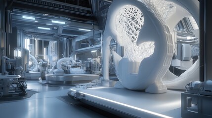 Poster - futuristic factory where 3D printing is the primary manufacturing method.