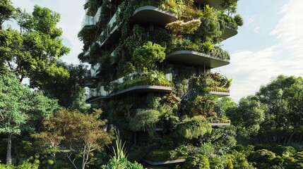 Poster - vertical garden skyscraper, where different plant species grow on multiple levels, creating a self-sustaining urban ecosystem.