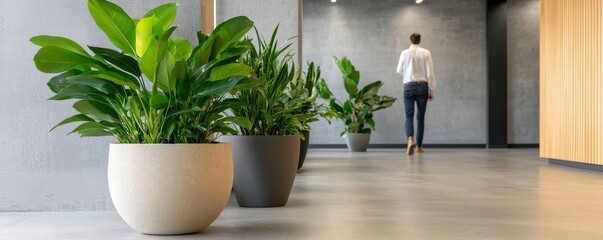 Aufkleber - A modern indoor space featuring potted plants, with a person walking away, creating a serene and inviting atmosphere.