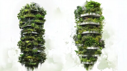 Poster - vertical garden skyscraper, where different plant species grow on multiple levels, creating a self-sustaining urban ecosystem.