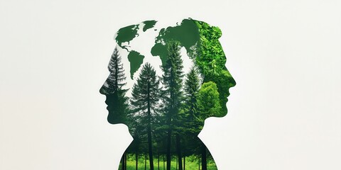Poster - a creative double exposure image featuring silhouettes of faces intertwined with trees and a world m