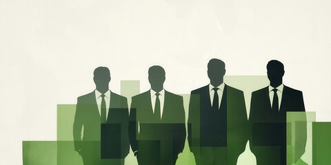 Poster - A silhouette of four business professionals against a green cityscape background, symbolizing teamwork and corporate success.