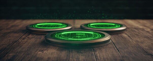 Poster - Three glowing green tokens are arranged on a wooden surface, creating a vibrant contrast against a dark background, suggesting a gaming or futuristic theme.