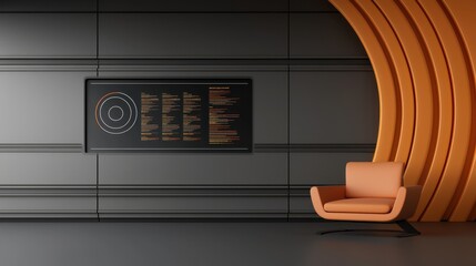 Poster - A modern interior featuring a sleek orange chair against a minimalist wall with curved accents and a digital display.