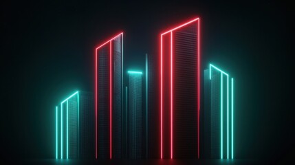 Fototapete - A futuristic cityscape featuring tall structures illuminated by vibrant red and teal neon lights against a dark background.
