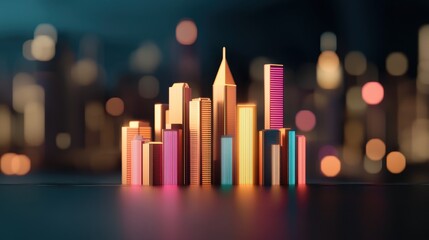 Poster - A vibrant city skyline model with colorful buildings, illuminated against a blurred backdrop, representing urban life and architecture.