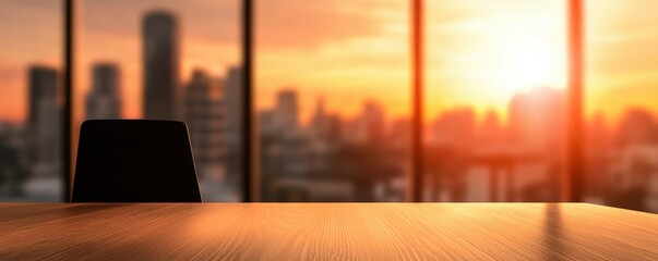 Poster - A serene view of a sunset illuminating a modern office space, showcasing a chair and wooden table against a city skyline.
