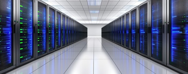 Poster - A modern data center featuring rows of servers with blue and green lights, reflecting an advanced technological environment.