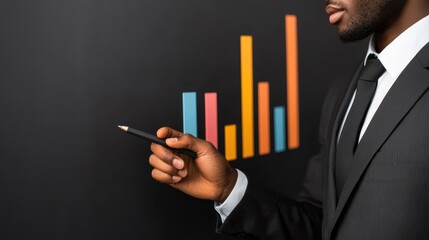 Fototapete - A professional man in a suit points at a colorful bar graph on a black background, indicating data analysis and business growth.