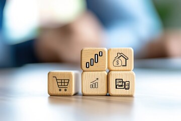Poster - Financial Growth Cubes: A strategic arrangement of wooden cubes displays various financial symbols, indicating the interconnected aspects of economic progress and smart investment strategies.