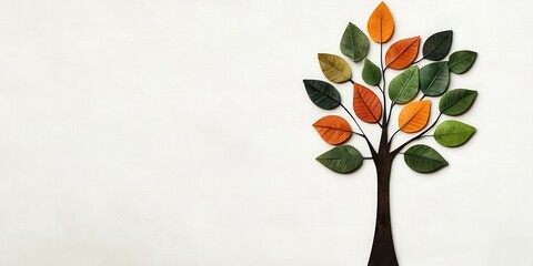 Aufkleber - A stylized tree with green and orange leaves on a textured white background, symbolizing nature and seasonal change.
