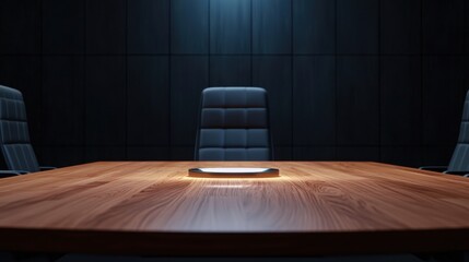 Poster - A sleek, modern conference room featuring a wooden table and leather chairs, illuminated by focused lighting, creating a professional atmosphere.