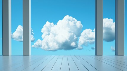 Poster - A serene view of a blue sky with fluffy clouds framed by tall, minimalistic pillars and a wooden floor, creating a calming atmosphere.