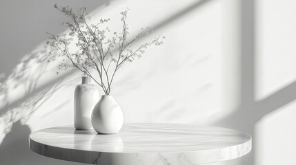 Poster - marble table top with soft abstract shadows falling on a pristine white wall, creating an elegant setting for minimalist product display