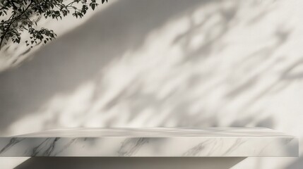 Poster - marble table top with soft abstract shadows falling on a pristine white wall, creating an elegant setting for minimalist product display