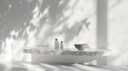 Poster - marble table top with soft abstract shadows falling on a pristine white wall, creating an elegant setting for minimalist product display