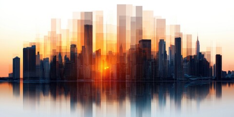 Aufkleber - A stunning city skyline at sunset, featuring layered skyscrapers reflecting vibrant colors in the water below.