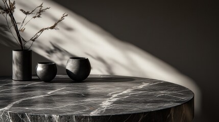 Poster - smoky gray marble table with subtle metallic undertones, paired with high-contrast shadows that form artistic light compositions