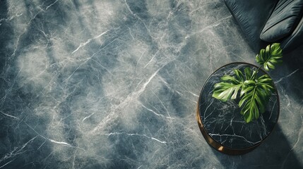 Poster - smoky gray marble table with subtle metallic undertones, paired with high-contrast shadows that form artistic light compositions