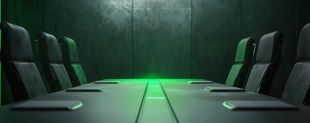 Poster - A modern conference room featuring sleek black chairs and a striking green light illuminating the center of a long table.