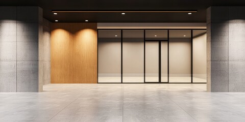 Poster - A modern entrance featuring sleek glass doors with wooden accents and ambient lighting, set against a minimalist concrete backdrop.