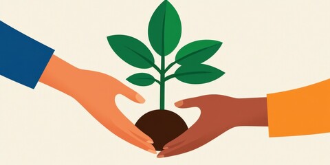Poster - two hands nurture a small green plant, symbolizing growth and environmental care.