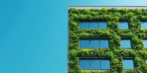 Aufkleber - A modern building covered in vibrant greenery against a clear blue sky, showcasing a stunning blend of architecture and nature.