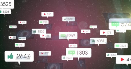 Poster - Floating social media engagement icons over starry background in animation