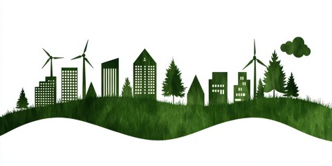 Poster - A stylized green city skyline featuring buildings, trees, and wind turbines, symbolizing sustainability and eco-friendly urban development.