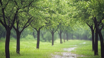 Poster - rain tree grove where new buds begin to sprout, and soft rain nourishes the ground, helping new growth emerge around the trees
