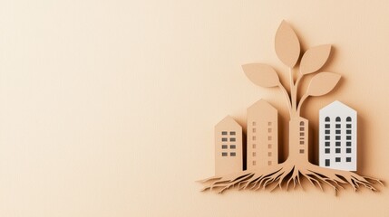 Poster - A creative depiction of buildings intertwined with roots and a plant, symbolizing growth and sustainability in urban environments.