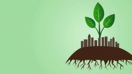 Aufkleber - A green-themed illustration featuring a plant growing from soil, with a city skyline emerging from the earth, symbolizing urban sustainability and nature.