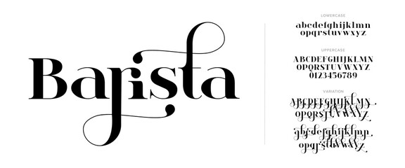 Poster - Barista Elegant Font Uppercase Lowercase And Number. Classic Lettering Minimal Fashion Designs. Typography modern serif fonts regular decorative vintage concept. vector illustration