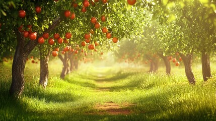 Poster - summer orchard with ripe fruits hanging from trees, inviting picnics under the shade of branches.