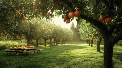 Poster - summer orchard with ripe fruits hanging from trees, inviting picnics under the shade of branches.