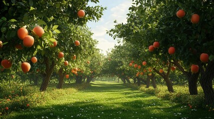 Poster - summer orchard with ripe fruits hanging from trees, inviting picnics under the shade of branches.