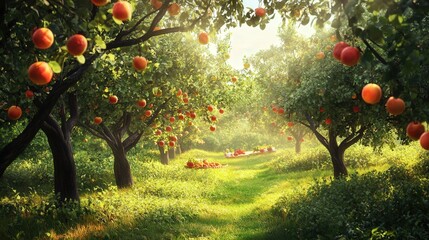 Poster - summer orchard with ripe fruits hanging from trees, inviting picnics under the shade of branches.