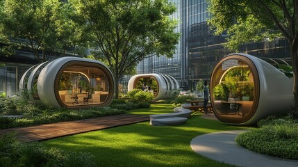 Poster - sustainable office park with modular, adaptable workspaces, green rooftops,