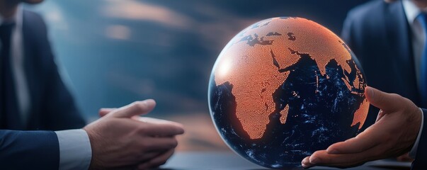 Poster - Two people in suits are holding a glowing globe, symbolizing global connection and collaboration in a dynamic, modern environment.