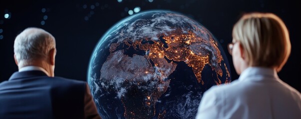 Fototapete - A view of Earth from space, featuring two people observing the illuminated continents against a dark background, symbolizing global awareness and connection.