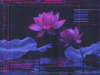 retro futuristic lotus flower glowing neon light surreal pond dreamy vaporwave aesthetic digital art
