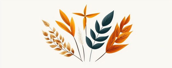 Poster - A collection of stylized leaves and grasses in warm autumn colors, showcasing nature's beauty and elegance.