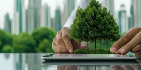 Aufkleber - A person placing a miniature tree model on a tablet, symbolizing the integration of technology and nature in urban environments.