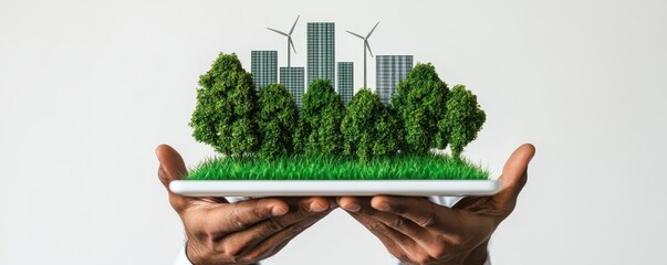 Poster - A person holds a tablet displaying a green landscape with trees and wind turbines, symbolizing sustainability and eco-friendly urban development.