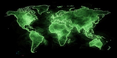 Fototapete - A glowing green world map on a dark background, symbolizing global connection and technology.