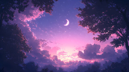 Wall Mural - Twilight Dreamscape: A celestial scene where the moon graces a sky ablaze with the colors of dawn and dusk, while silhouettes of trees frame a tranquil horizon.