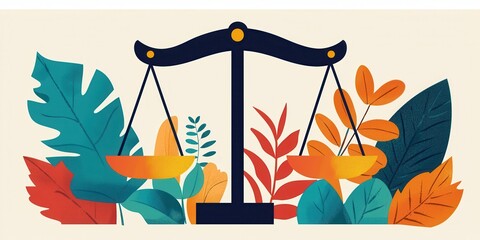 Poster - A colorful illustration featuring a balance scale surrounded by various stylized leaves, symbolizing harmony and nature.